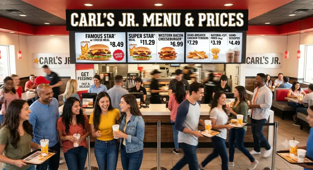 Restaurante Carl's Jr México con menú y precios en pantalla