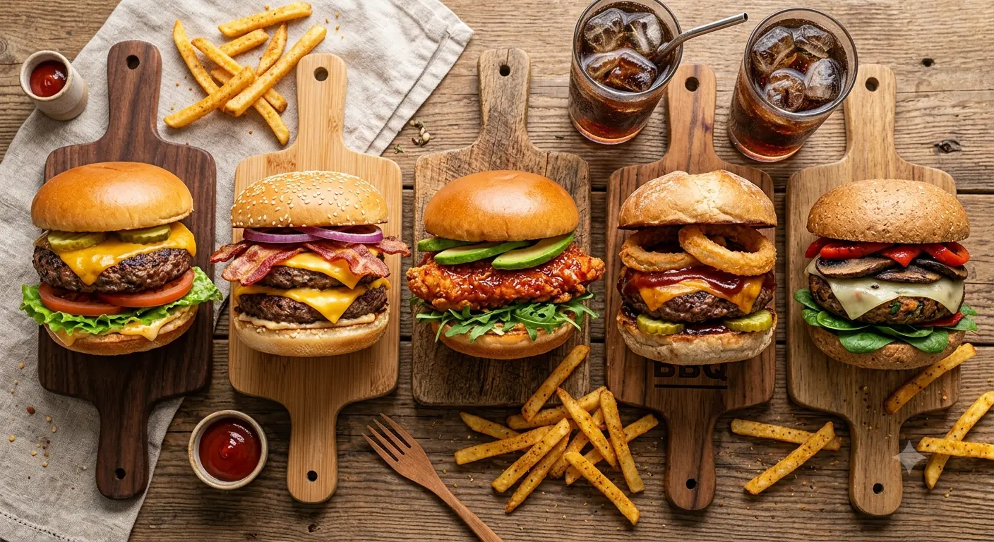 Variedad de hamburguesas Carl's Jr con papas fritas y bebidas